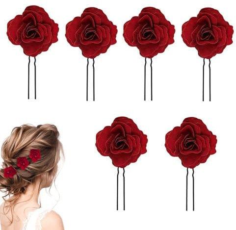 Rose Haarnadel Set - 6 Stück Damen Braut Haarschmuck mit Roten Rosen und U-Form Brosche