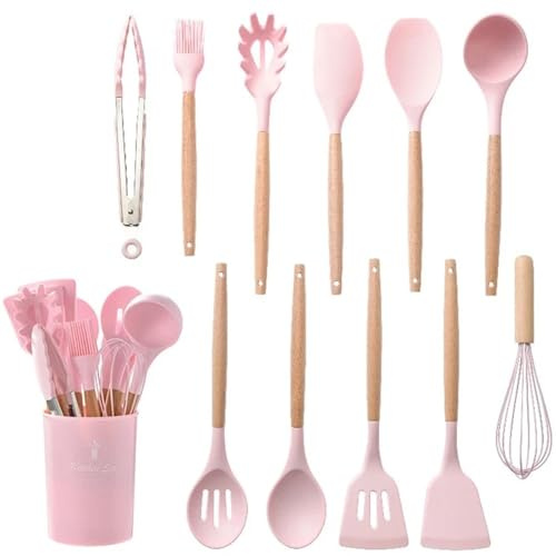 Juego de 12 utensilios de cocina de silicona antiadherentes para cocina, mango de madera, espátula, batidores de huevos, accesorios de cocina (rosa, 12 piezas)