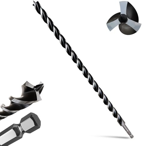 METOTY 22mmx600mm Auger Drill Bit Extra Long Drill Bits，12mm Hex Shank for Wood with Quick Change - 3-Cutter Design with Dual-Flute for Fast Chip Removal, Fits Hardwood, Softwood, PVC, Drywall
