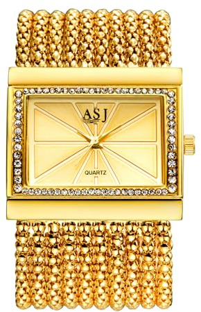 OIDEA Damen Armbanduhr Rechteckig Gold: Breites Armband Funkelnde Diamant Steine Strass Rechteck Analog Quarz Damenuhr Mesharmband Elegant Geschenk für Frauen