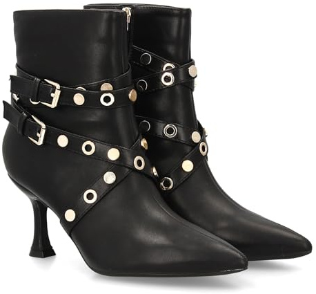 96663 Botin de tacon fino para mujer, diseno de tiras cruzadas con hebillas metalicas y apliques redondos, estilo rockero motero, con punta fina. Ideal para la temporada otono invierno. Negro Talla 37