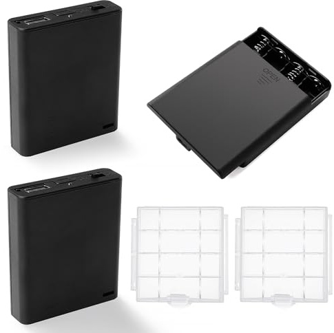 KUOQIY 3 ST 4 x 1.5V AA Batterihållare, 6V Batteri Förvaringslåda med Inbyggd USB Honkontakt ON/OFF-Omkopplare & Lock & Indikatorlampa, med 2 ST Batteriförvaringslåda i Plast, Svart