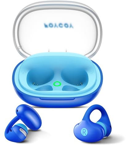 FOYCOY Kids Open Ear Earbuds - Clip-On Earbuds - 85 dB Volume Limit - Bluetooth 6.0, Built-in Mic, 40H Playtime, Silicone Pads, IPX5, Small Ears and Glasses Friendly, Ages 6-14, Blue