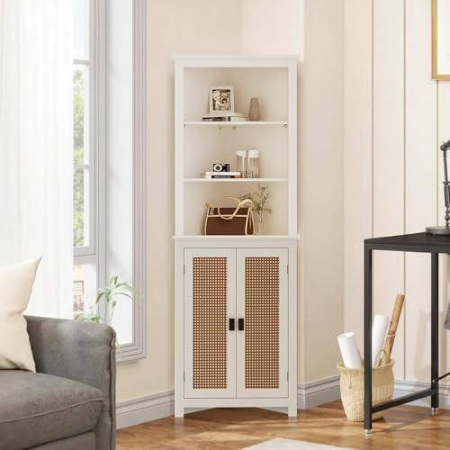 Garvee 64 Farmhouse Corner Cabinet with 2 Rattan Doors & 3 Open Shelves, Shaker Style Tall Freestanding Storage for Bathroom, Kitchen, Living Room, White & Natural Accen