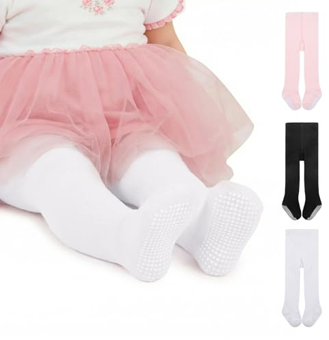 Zando 3 Pack Toddler Tights Baby Girl Stockings Black White Pink 1-2 T | Cable knit toddler girl tights with grips, cotton seamless warmth, full-footed for crawling, walking, christening & winter.