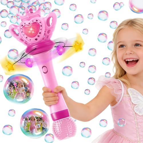 Sitodier Seifenblasenstäbe für Mädchen – Seifenblasenmaschine für Kleinkinder mit drehbarem LED-Licht und Musik, Seifenblasenspielzeug für Mädchen im Alter von 3, 4, 5, 6, 7 und 8 Jahren für draußen