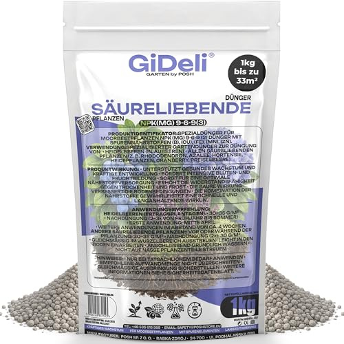 GiDeli Heidelbeerdünger & Hortensiendünger 1 kg - Granulat Langzeit | für Rhododendren Azaleen und Blaubeeren, mit Eisen und Magnesium, chloridarm, handliche Dosierung, säuert den Boden an