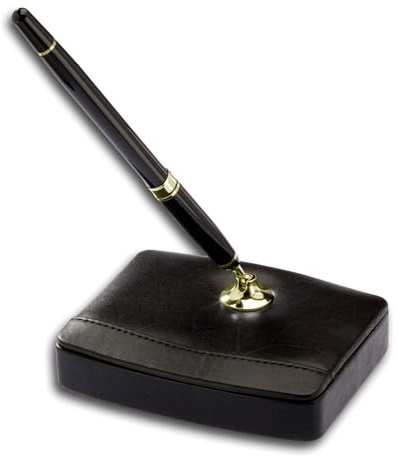 Black Leather Single Pen Stand with Gold Accents