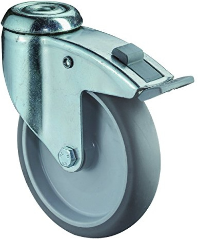 BS Rollen C121.A80.125 Ruedas para aparatos pesados, con tope para suelos duros, orificio trasero, rueda de goma, 125 mm, color azul/gris