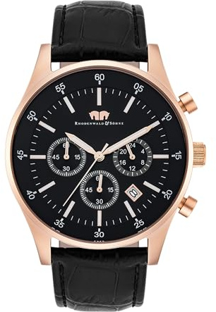 Rhodenwald & Söhne Goodwill Herrenuhr Chronograph Edelstahl roségold schwarz 5 ATM Präzisions-Quarzwerk Stoppuhr Echtlederarmband schwarz