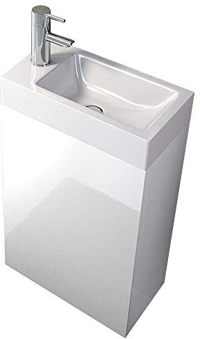 junado SAM Waschplatz Vega, Kleiner Waschtisch Weiß Hochglanz, Tür mit Push-Open-Funktion, Kunststoffbecken Gäste-WC 40 x 22 x 58 cm