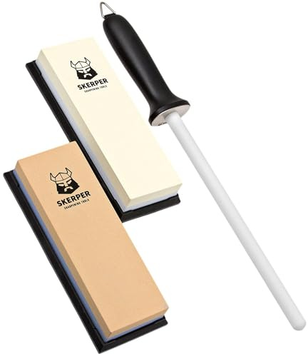 Set d'Aiguisage Skerper Basic Grain SH004 180/600/1000/3000 Avec Fusil d'Aiguisage en Céramique, Set de Base Pour Débuter avec l'Aiguisage