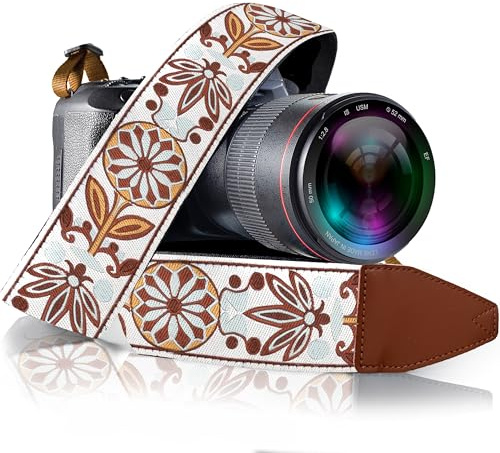 Kameragurt für alle DSLR- und spiegellosen Kameras einschließlich Fernglas, bestickt, weiß, gewebt, Universal-Hals- und Schultergurt, Blumenmuster, für Fotografen, Männer, Frauen, bestes Geschenk für