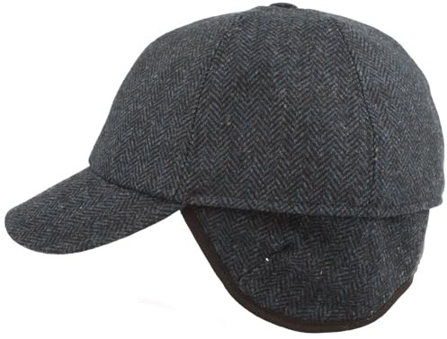Breiter Herren Winter Baseball-Cap Schirmmütze Baseball-Kappe mit ausklappbarem Ohrenschutz – Basecap aus Wolle im Fischgrat Design & Steppfutter