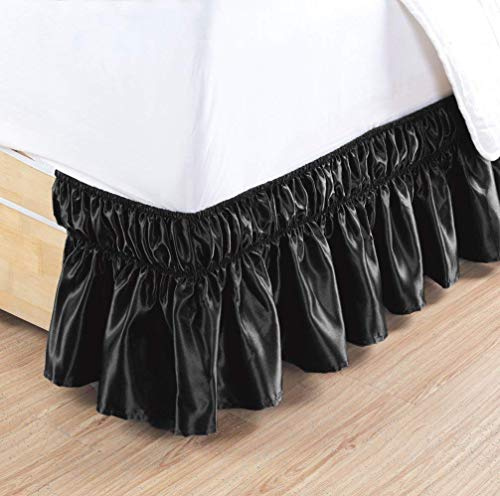 HR Luxury Linen - Satin 1 Pc Fully Elastic Wrap Around Bed Skirt for Easy Fit 15 Inch Drop Bedskirt - (King, Black)