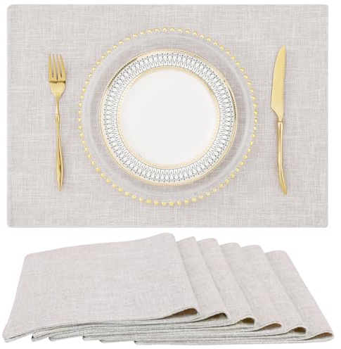 homing Cotton Linen Placemats Set of 6, Cloth Washable Farmhouse Dining Table Mats for Indoors & Outdoors, Easy to Clean, Neutral Beige, 13 x 19 Inch