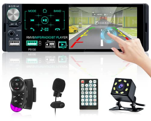 Hikity FM Am RDS Radio de Coche 1 DIN Pantalla Táctil 4 Pulgadas Bluetooth Estéreo Autoradio con Micrófono, Cámara Visión Trasera, USB AUX-in SD Card Port, SWC
