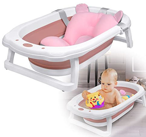 VA-Cerulean Baby Badewanne Faltbare Babybadewanne, Baby Bathtub Rutschfeste Tragbares Badewannensitz Babywanne Wanne Für Babys Kinder, Rosa(Mit Sitzkissen)