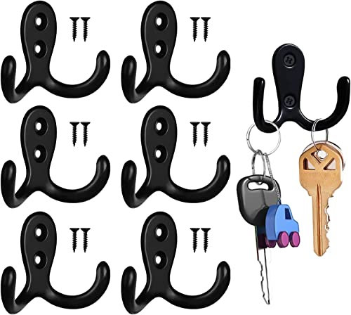 Norhogo Lot de 6 crochets muraux noirs avec 12 vis vintage double crochets, Crochet Patère Porte Manteau Mural Vintage, crochet mural, Rétro Patère pour salle de bain, cuisine, garage, bureau avec vis
