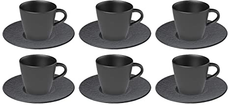 Villeroy & Boch Manufacture Rock Kaffeetassen mit Untertassen, 6er Set, 150 ml, Hochwertiges Geschirr in Schiefer-Optik, Premium Porzellan, Spülmaschinen- / Mikrowellengeeignet, Schwarz