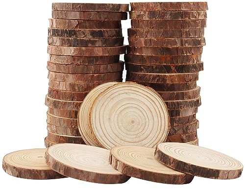 ZEONHEI 40 Stück Natur Holzscheiben 8-9 cm Unvollendete Holzkreise Runde Naturholz Baumscheiben mit Rinde Ungebohrte Holz Log Scheiben für Kunst Malerei Weihnachtsen dekoration DIY Handwerk