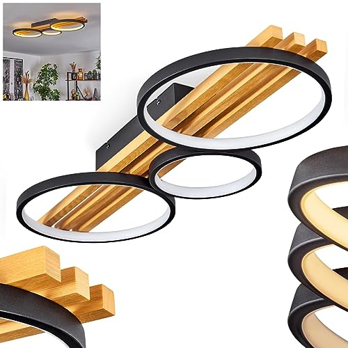 HOFSTEIN LED Deckenleuchte Rodekro, dimmbare Deckenlampe aus Metall/Holz in Schwarz/Naturfarben/Weiß, dimmbar über Lichtschalter, moderne Leuchte mit Holzbalken, 33 Watt, 3000 Kelvin, 3800 Lumen