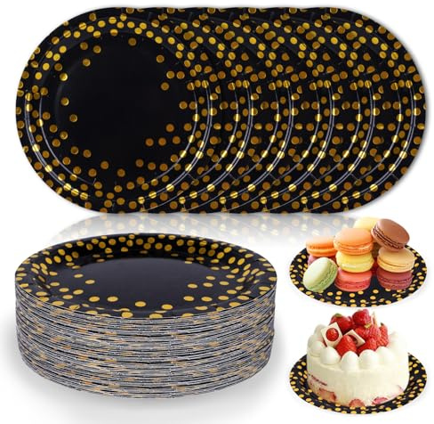 FIHODONE 50 Stück Pappteller,Einwegteller Partygeschirr 18cm Teller Einweg Pappteller Kindergeburtstag,Papierteller Einweggeschirr Halloween Geschirr,Pappteller Geburtstag (Schwarzgold)