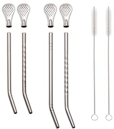 EnEnGo 4 Pcs Yerba Mate Straw Bombilla Mate Loose Tea Filter (7inch and 8.27inch), Reusable Tea Straw 304 Stainless Steel for Coffee Cocktail Stirring Filter. With 2 cleaning brushes (silver)