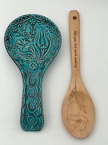 Ensemble repose-cuillère en céramique avec cuillère en bois fait à la main - Motif tulipe turquoise - Parfait pour les occasions spéciales, Noël, pendaison de crémaillère et cadeaux d'anniversaire