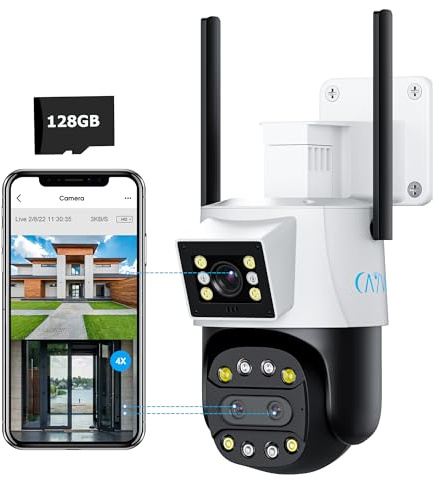 CAYVIS Camera Surveillance WiFi Exterieure,Objectifs Doubles, Double Champ de Vision, PTZ Caméra IP Extérieur WiFi 1080P, Détection de Forme Humaine Mouvement,Vision Nocturne Couleur (HD+128G)