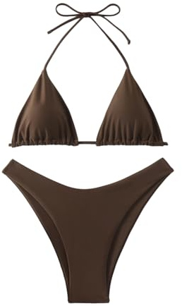 GORGLITTER Women's High Cut Thong Swimsuit Halter Triangle Tie Back Bikini Set Bathing Suit Coffee Brown Medium