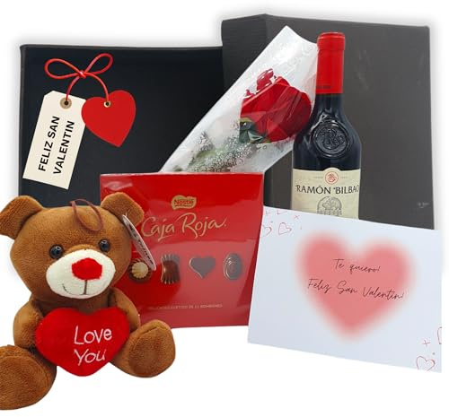 IAMI Caja Regalo San Valentín | Vino, Bombones, Rosa y Peluche 4 Piezas | Detalle para pareja, novio o novia | Válida para aniversarios | Flor duradera sin cuidados | Lista para entregar
