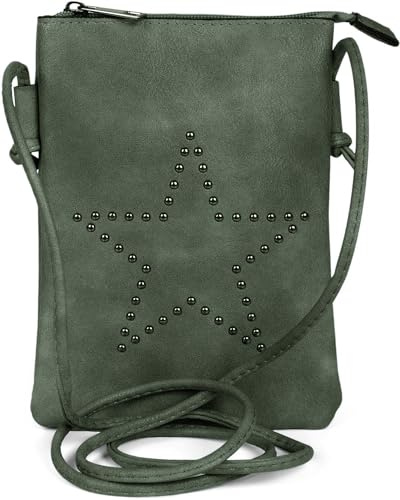 styleBREAKER Mini Bolso Bandolera Mujer Tachuelas Estrella Boho | Bolso bandolera 14x19 cm, 1 compartimento con cremallera, bolsillo trasero, correa 130 cm, piel sintética.