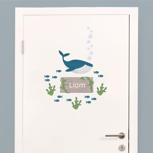 Klebekerlchen® Türaufkleber personalisiert mit Namensschild – Türschild Kinderzimmer & Babyzimmer Wandtattoo – selbstklebende Wandsticker - Kinderzimmer Deko Junge & Mädchen – Wal