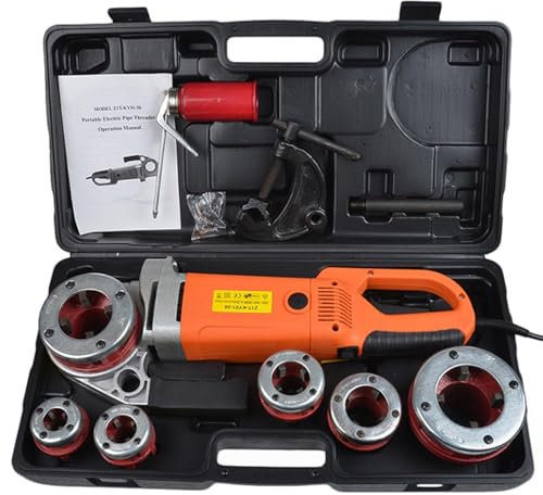 Kit filiera tubi elettrici, macchina filettatubi portatile Motore in rame con filiere 1/2-2 e custodia per il trasporto, Kit tagliatubi maschiatrice manuale, per tubi zincati Tubi di ferro 6Heads