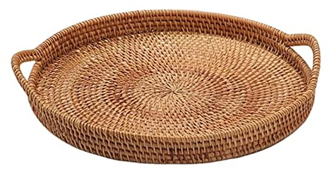 Duiaynke Plateau de service rond en rotin, organisateur de cuisine, panier de service pour collations, fruits, petit déjeuner (24 cm)