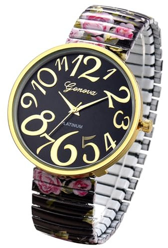 Oidea Womens Elastic Strap Watch: Elegant Bohemian Ladies Watches Super Large Clear Arabic Numerals Easy Reader Watches Business Casual Bracelet Watch, Black