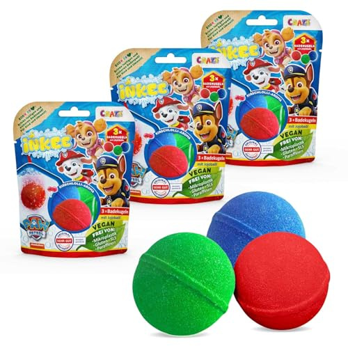 INKEE Paw Patrol Bombe da bagno per bambini Confezione da 3 sacchetti con 9 mini bombe da bagno in 3 colori con olio di jojoba e aroma di ciliegia - 3x50g