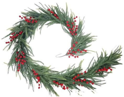 Tannengirlande Künstlich Wie Echt | 150/180/270 cm Künstliche Tannengirlande | Norfolk Pine Tree Zederngirlande Künstlich mit Roten Beeren | Norfolk Pine Girlande Weihnachten für Die Heimdekoration
