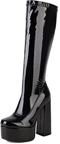 Gicoiz Damen Runde Zehen Lack Chunky Heel Stretch Stiefel
