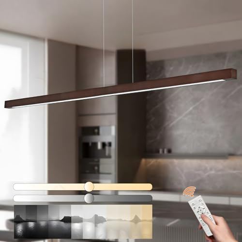 YYUTLUO Quaderförmiger Linearer Kronleuchter Aus Holz, Dimmbares Licht Mit Fernbedienung, Hängeschnur 150cm Verstellbar, LED Modernes Minimalistisches, Wohnzimmer, Büro, Küche (Braun 120cm)