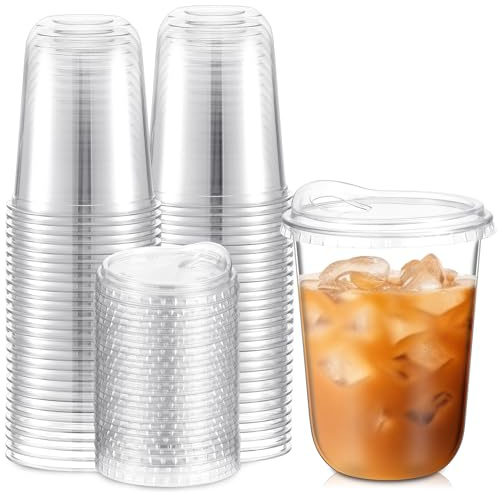 Baderke Clear Plastic Cups with Strawless Sip Lids Disposable Round Bottom Togo Cups for Coffee Smoothie Cold Beverage Coffee Shops and Party Catering(16 oz,50 Pcs)