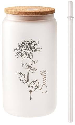 INFYDAY Hermosa Taza de Paja, Taza de Vidrio con Nombre Personalizado y Flor de Nacimiento, Vaso Personalizado para café Helado con Pajita y Tapa, Regalos para