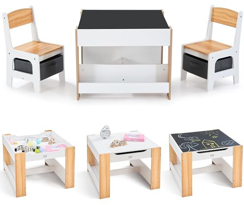 Baby Vivo Kindersitzgruppe Kindertisch Maltisch - Kindertischgruppe mit Stauraum und Bücherablage an 2 Seiten - Kindermöbel Kinderzimmer Set mit multifunktionalem Tisch und 2 Stühlen aus Holz - Mia