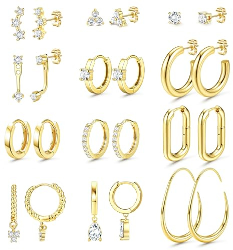FIOROYAL 12 Paar Ohrringe Gold Set für Damen Hypoallergen Creolen Gold Medizinische Ohrstecker Golden Hängend Ohrringe für Cartilage Helix Piercing Ohr Klein Knorpel Silber Ohrring Schmuck G