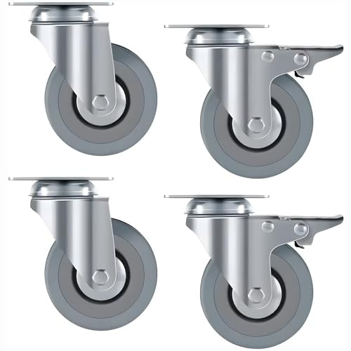 Retoo Möbelrollen 4er Set 75 mm, Schwerlastrollen bis 50 kg pro Rad, Transportrollen für Möbel, Lenkrollen für Innen, 2 Räder mit Bremse, Gummirollen, Rollen für Palettenmöbel Silber Grau