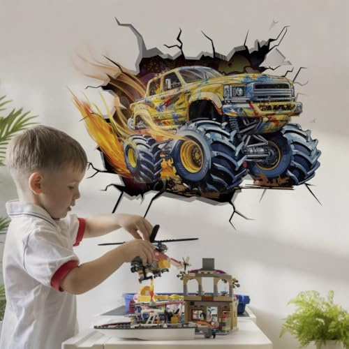 Runtoo Monster Truck väggklistermärken för pojkrum 3D racerbil fordon väggdekaler barn sovrum lekrum väggdekor