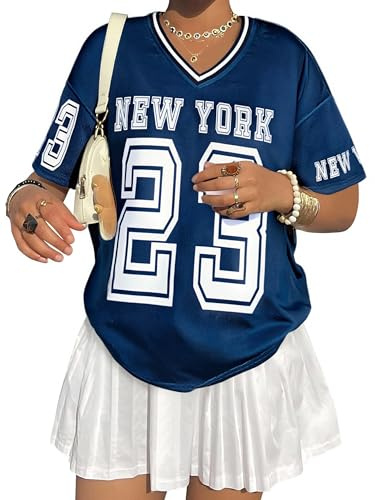 Camicie oversize in jersey da donna con scollo a V maglietta a righe con numeri grafici casual Y2k Streetwear Tee Top, Blu e bianco., M