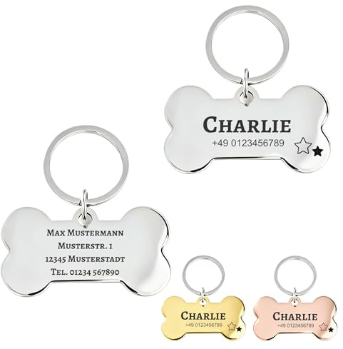 Hundemarke mit Gravur Personalisiert aus Edelstahl Hundeanhänger inkl. Schlüsselring - Namensschild für Halsband - Dog Tag Anhänger Marke für Hunde, Tiermarke für Katzen und Welpen (Knochen)