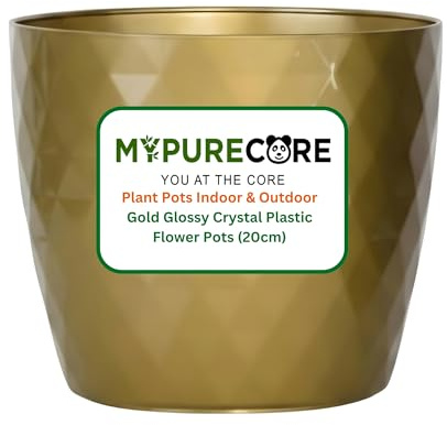 MYPURECORE Plant Pots Indoor 20cm – Stylish Decorative Plastic Flower Pot with Glossy Crystal Surface – Durable Indoor & Outdoor Planter for House Plants, Herbs (Gold, 20 cm)